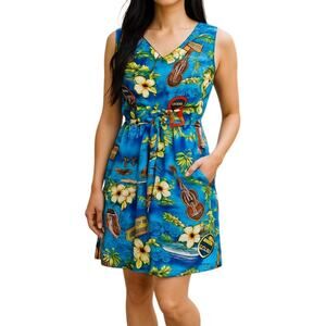 Hawaiian Mini Dress S Blue‎ Tropical Volcano Floral Vacation Coconut Girl Aloha